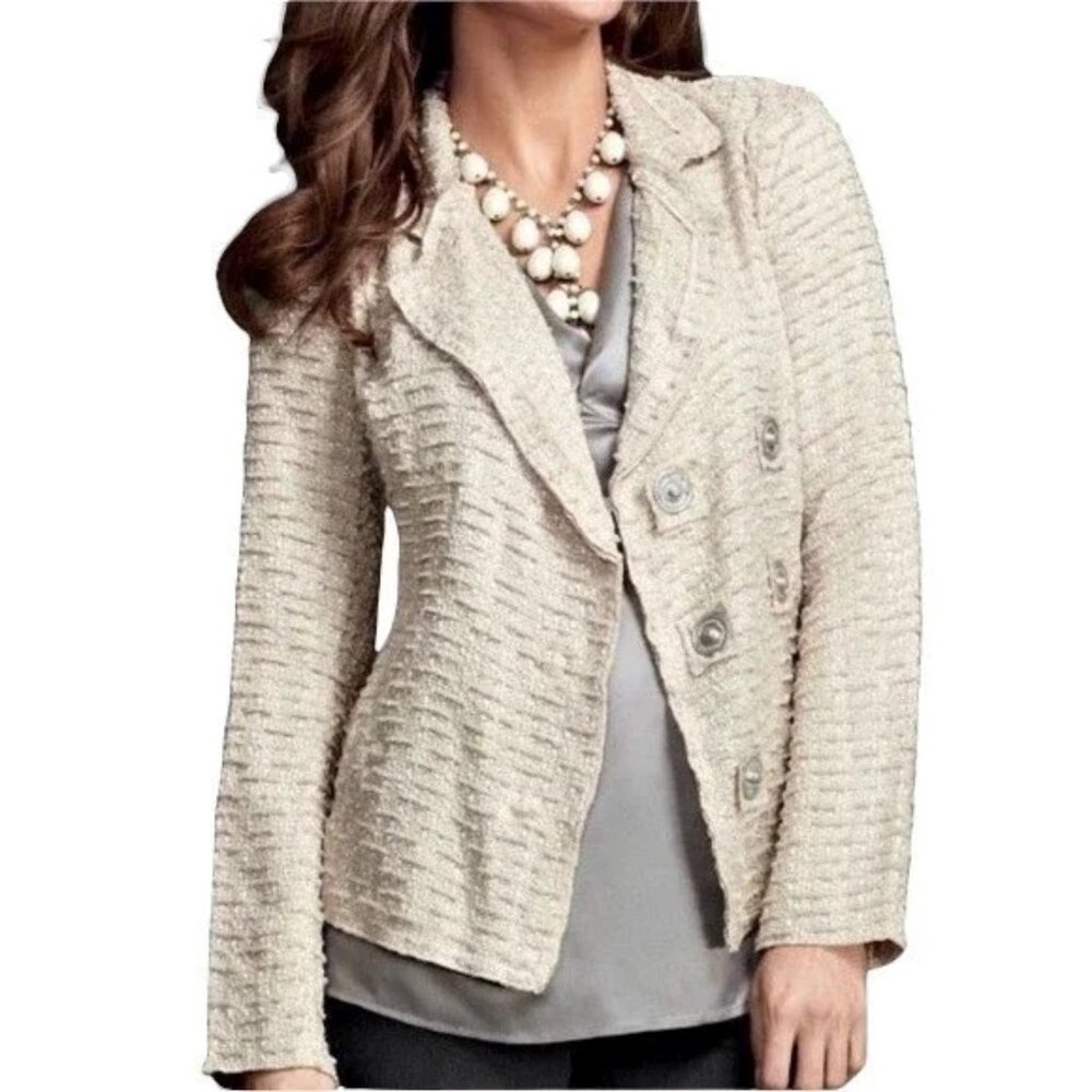 CAbi Women's Soft Chenille Jacket Beige Big Metal Hidden Snaps Unlined Size S